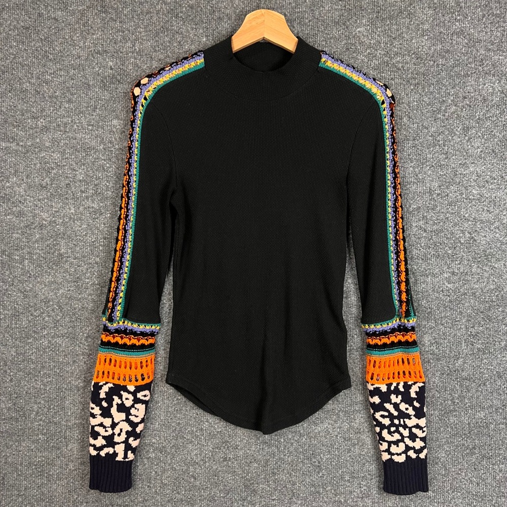 Free People Thermal Top Womens Small Black Excellent Crochet Leopard Mixed Media